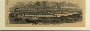 Impresión de varias barcas llenas de soldados desembarcando en una isla del río. Obras de tierra, árboles y formación de tropas en la isla de Alexander Simplot